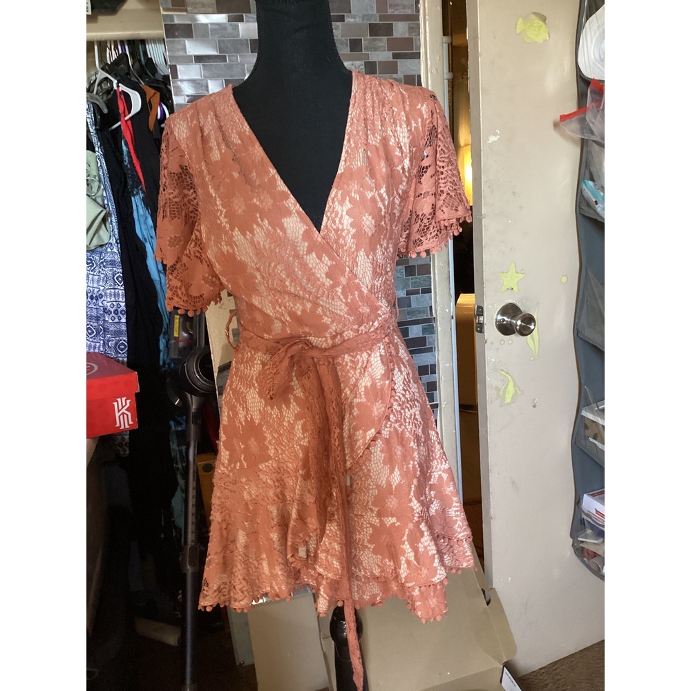 Terracotta Floral Lace Wrap Dress Short Flutter Sleeve Pom Pom Trim Peach Pink
